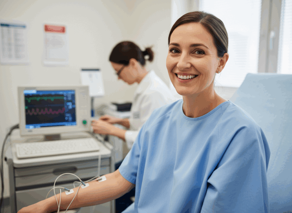 Firefly Gemini Flash women in an emg test smiling 765462